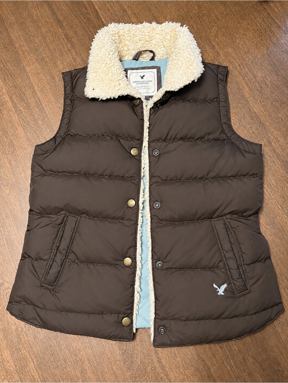 American Eagle VINTAGE 90’s Women's Brown Sherpa-Lined Puffer Vest